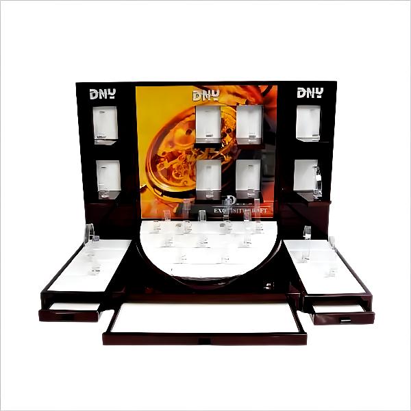 Factory custom logo slotted bottom pull-out watch display stand with transparent C-ring backplane with a three-dimensional window that can be placed C-ring for displaying the watch