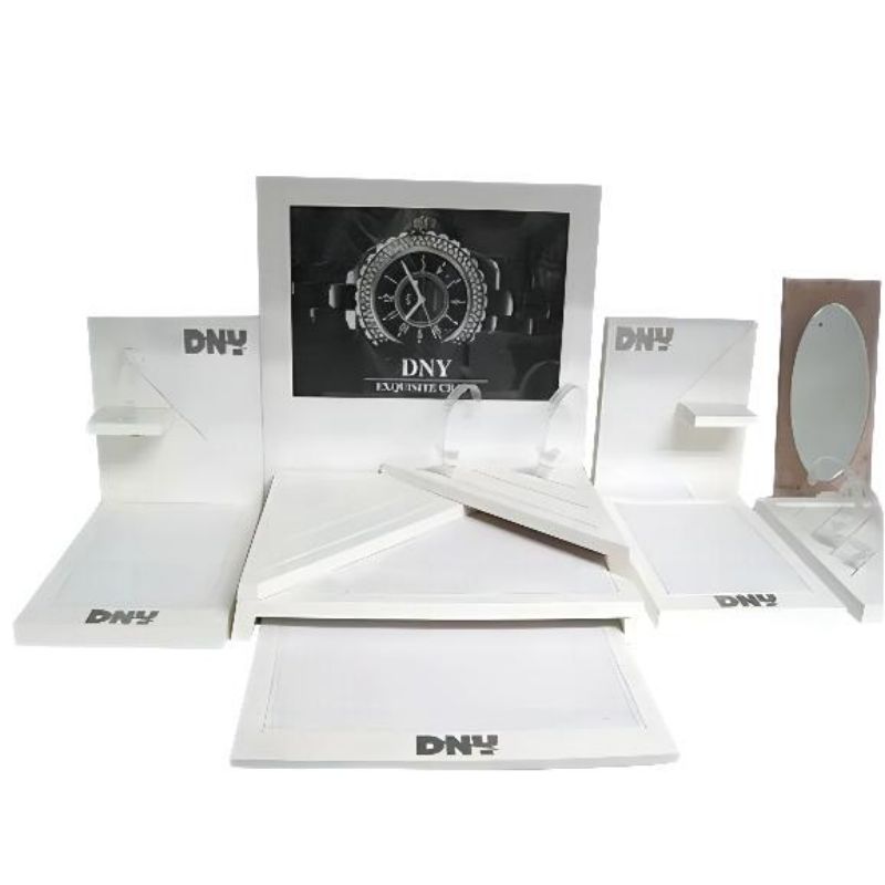 Factory custom logo MDF surface spray white matte paint multi-layer slot type watch display rack bottom plate can be pulled out backplane can be placed C circle display watch