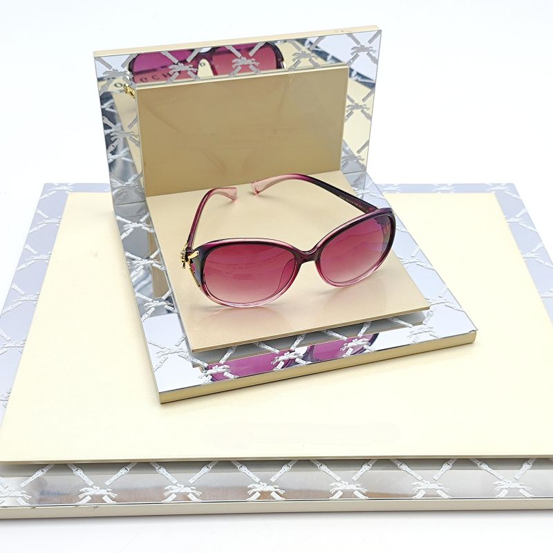 Luxury geyewear display set L-shaped single Optical display frame Glasses display plate MDF surface spray gold light paint surface with mirror pattern acrylic plate custom silver logo sticker glasses store display props
